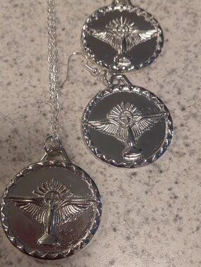 Silver Tone Angel Medallion Necklace and Earrings Set
